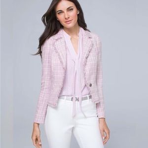 White House Black Market Cool Wisteria & Ecru Fringe-Trim Tweed Crop Jacket NWOT